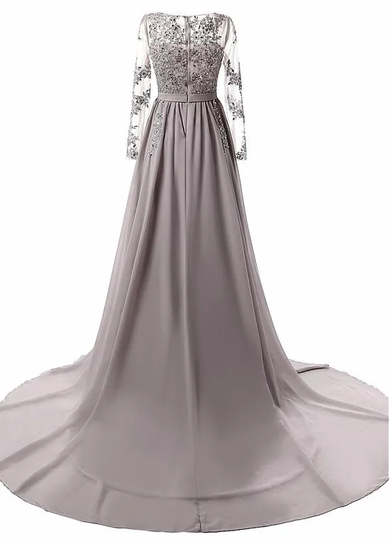 Grey Long Sleeves Applique Chiffon Formal Gowns , Grey Prom Dress , Party Dresses