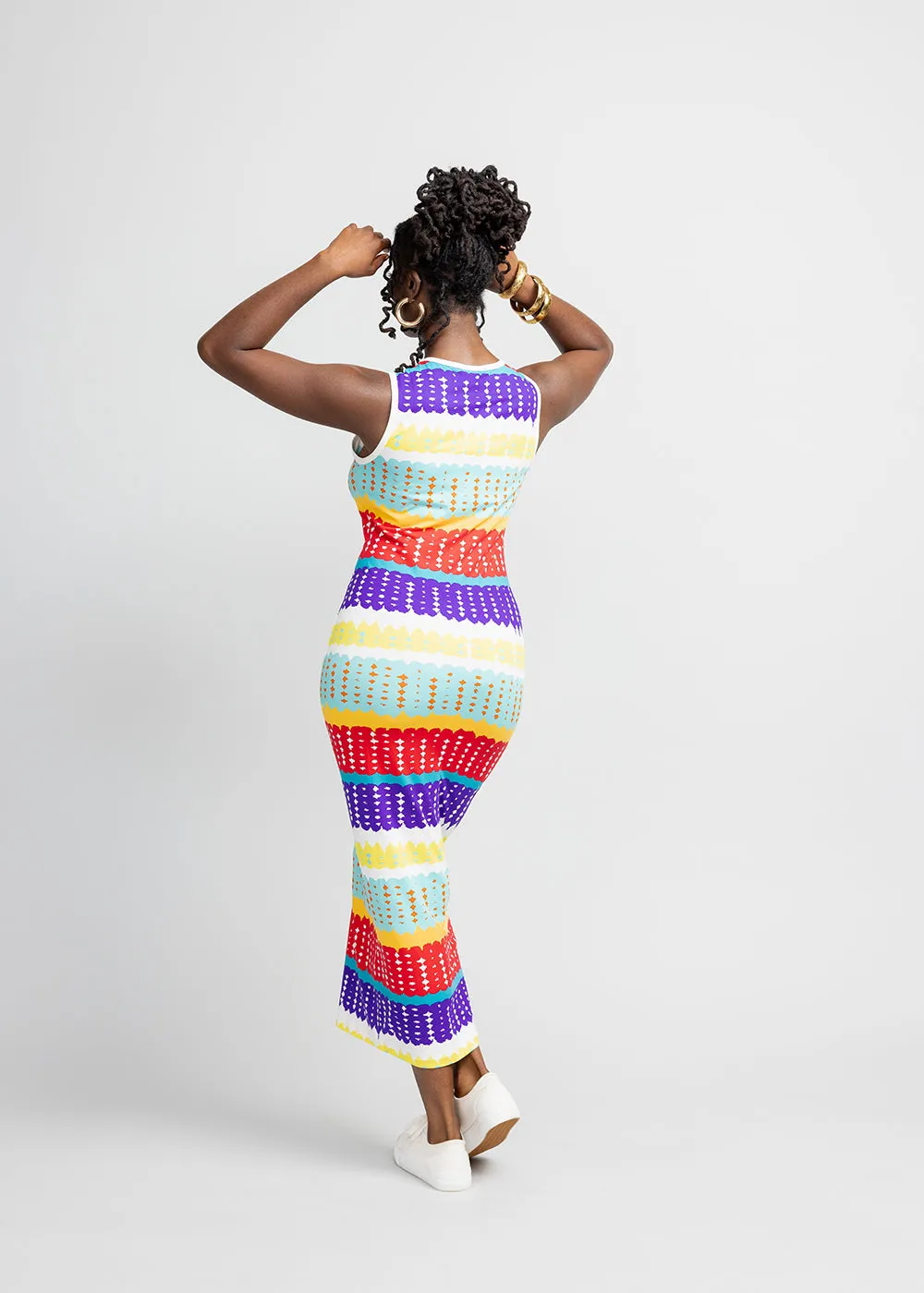 Hadi Women's African Print Jersey Dress (Rainbow Punch Adire) - Clearance