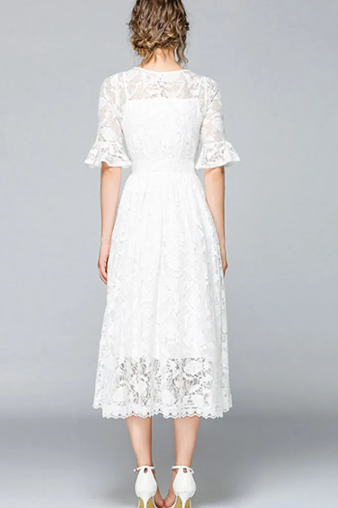 Half Ruffle Sleeve Hollow Out Lace Dress