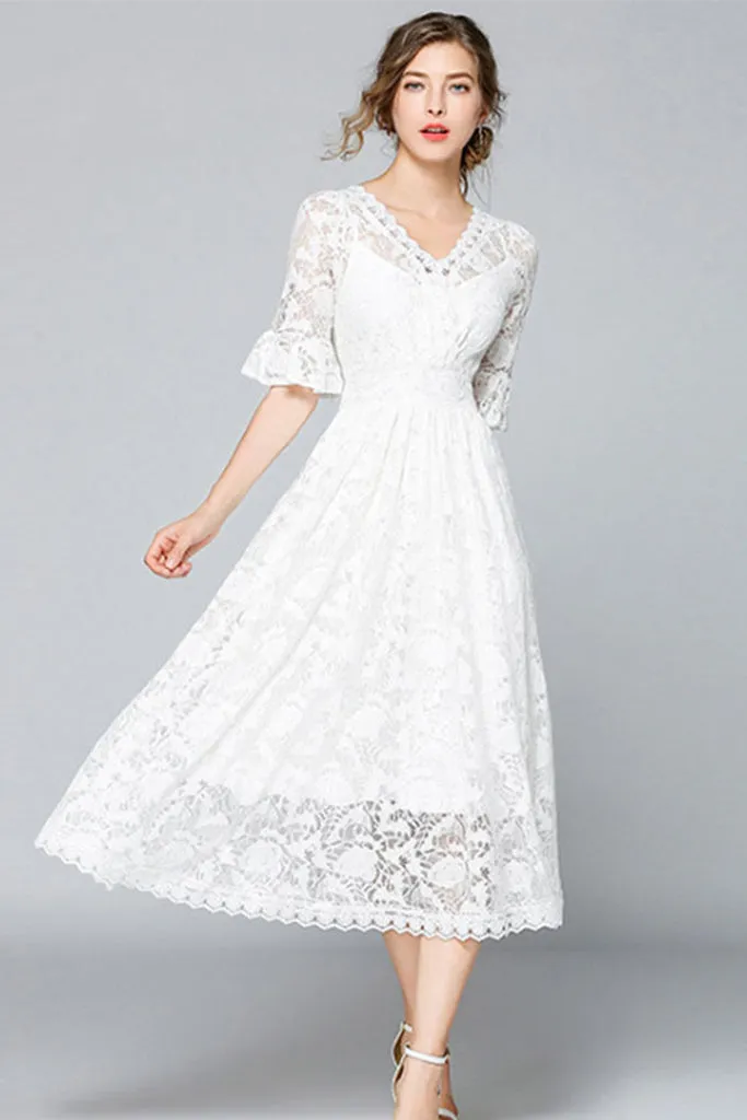 Half Ruffle Sleeve Hollow Out Lace Dress