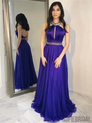 Halter A-line Prom Dresses, Chiffon Prom Dresses, Backless Prom Dresses, Long Prom Dresses, PD0646