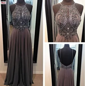 halter prom dresses long chiffon gray beaded a line backless sexy formal dresses 2020 evening gown