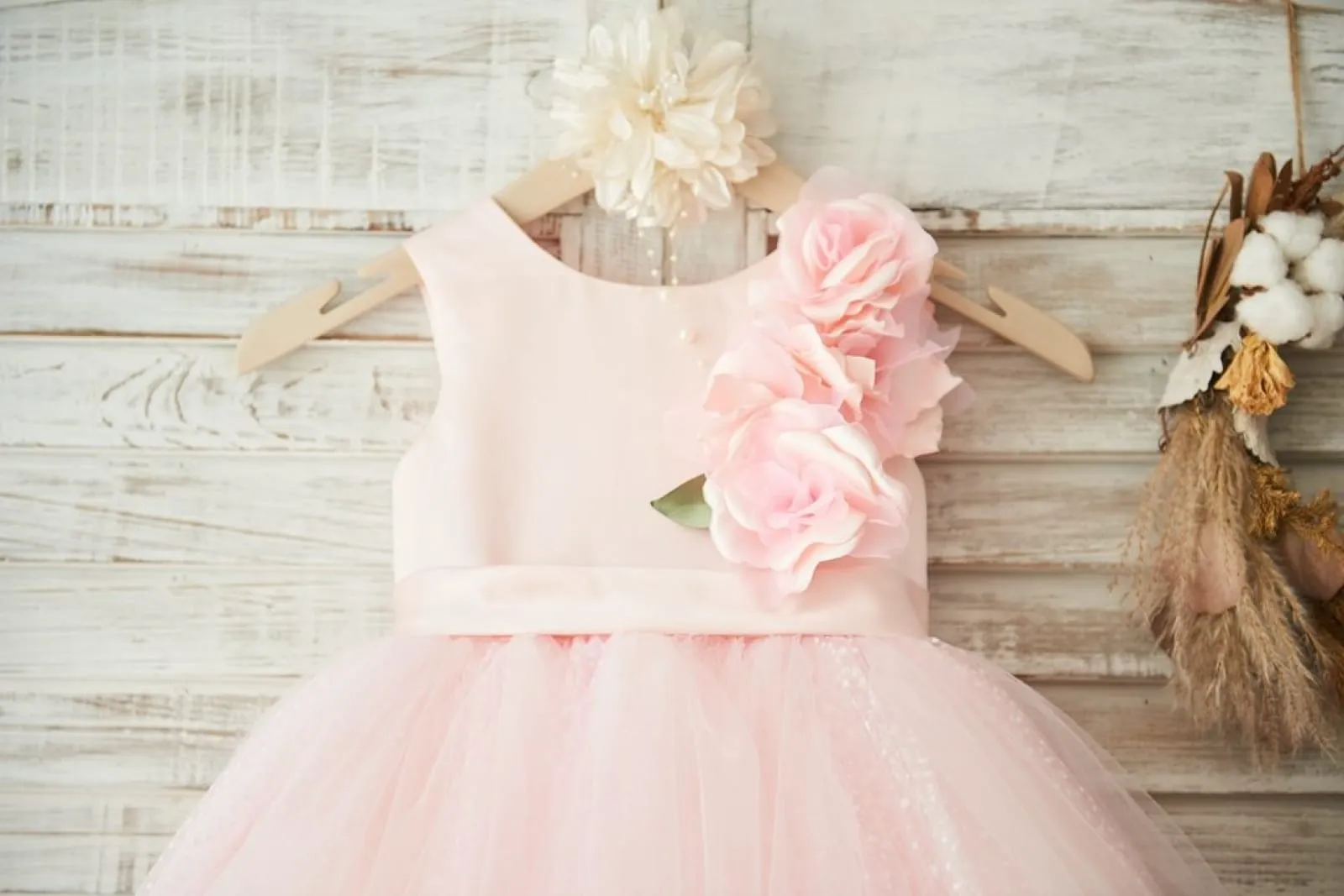 Hi-low Pink Dot Tulle Wedding Flower Girl Dress, 3D Flowers