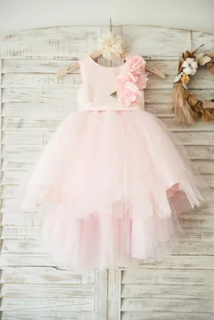 Hi-low Pink Dot Tulle Wedding Flower Girl Dress, 3D Flowers