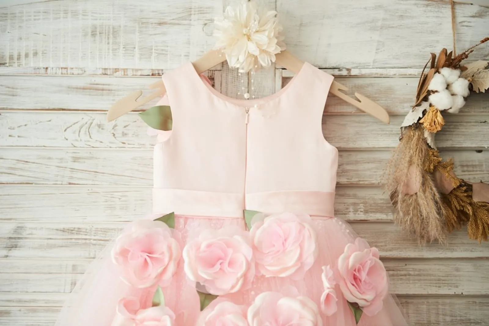 Hi-low Pink Dot Tulle Wedding Flower Girl Dress, 3D Flowers