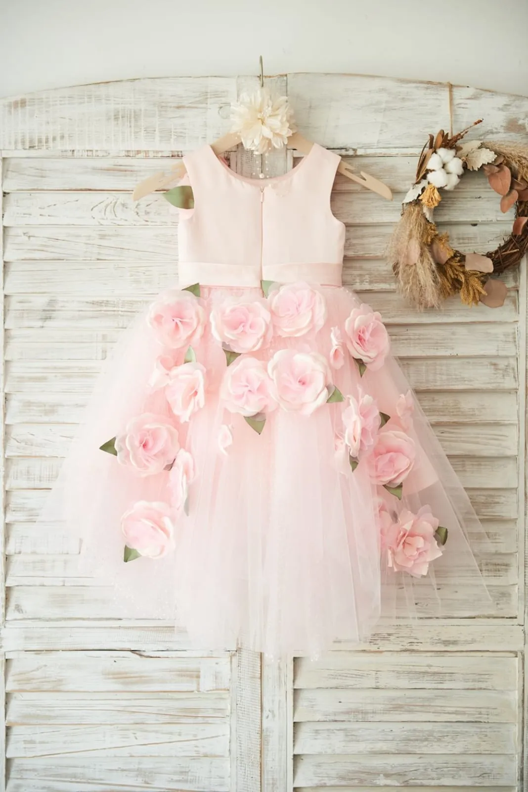 Hi-low Pink Dot Tulle Wedding Flower Girl Dress, 3D Flowers