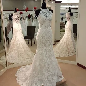 High Neck Lace Wedding Dresses Mermaid for Brides 2018 Floor Length Wedding Gown