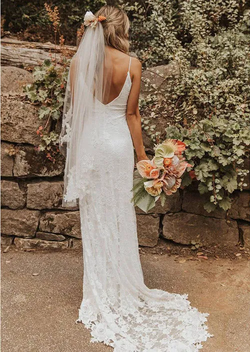 High Quality V-neck Spaghetti Straps Side Slit Lace Beach Wedding Dresses, MW247