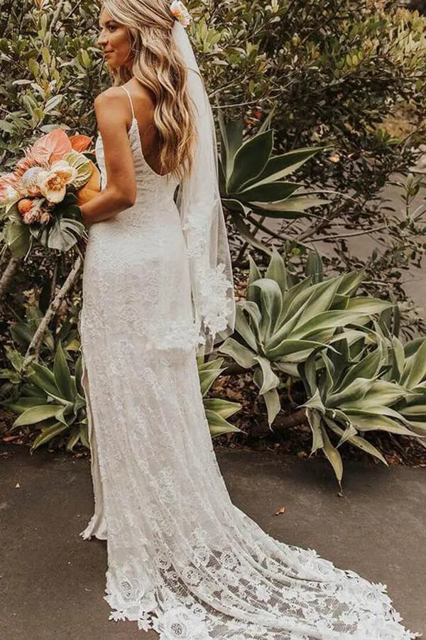 High Quality V-neck Spaghetti Straps Side Slit Lace Beach Wedding Dresses, MW247