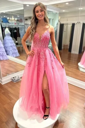 Hot Pink Tulle A Line Lace Appliques Floor Length Prom Dresses With Slit, MP948