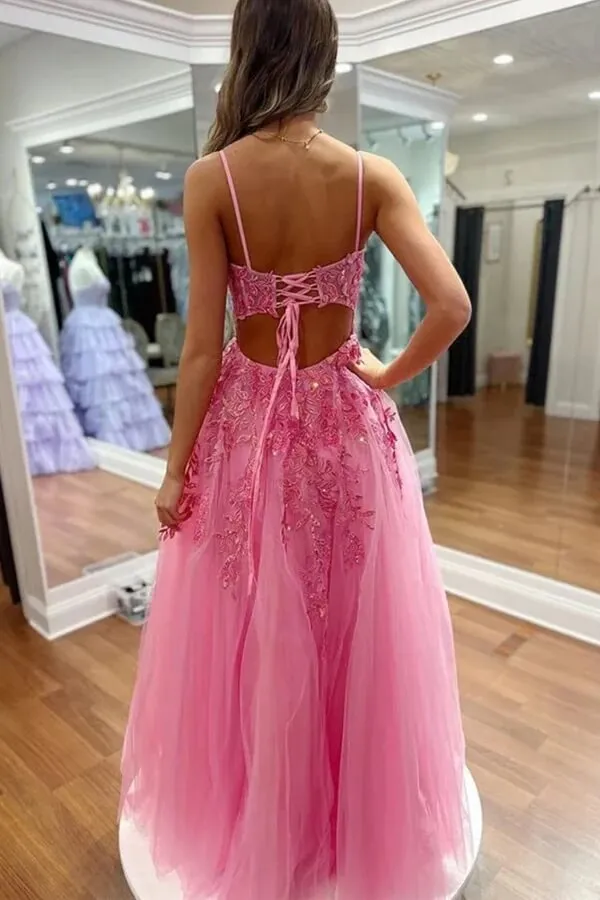 Hot Pink Tulle A Line Lace Appliques Floor Length Prom Dresses With Slit, MP948