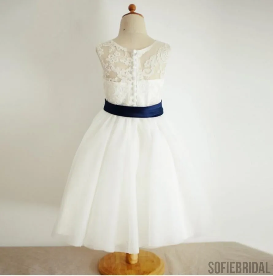 Illusion Lace Tulle Flower Girl Dresses with Navy Belt, Affordable Flower Girl Dresses, FG083