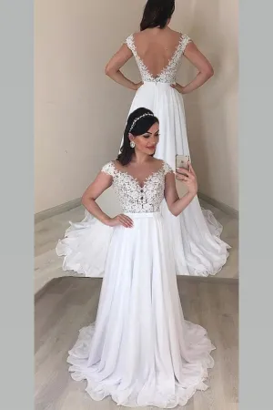 Illusion Neckline Chiffon Bride Wedding Dresses with Lace Cap Sleeves