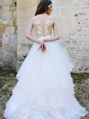 Illusion V-Neck A Line Wedding Dress Sexy See Though Back Bridal Gown CA046