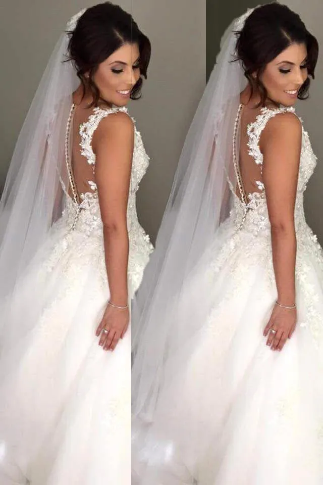 Impressive V Neck Lace Appliques Sleeveless Wedding Dresses