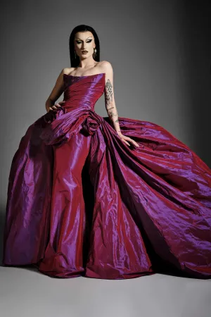 Iridescent Taffeta Column Gown with Bubble Train