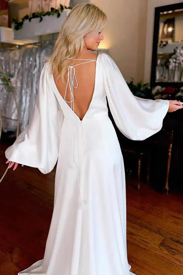 Ivory A-line V-neck Long Sleeves Simple Wedding Dresses With Slit, MW1019