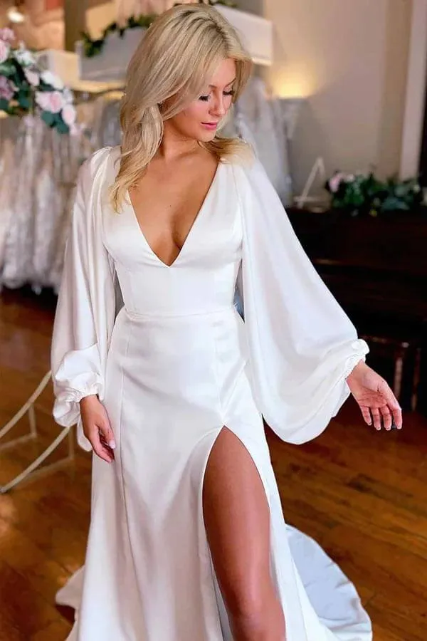 Ivory A-line V-neck Long Sleeves Simple Wedding Dresses With Slit, MW1019