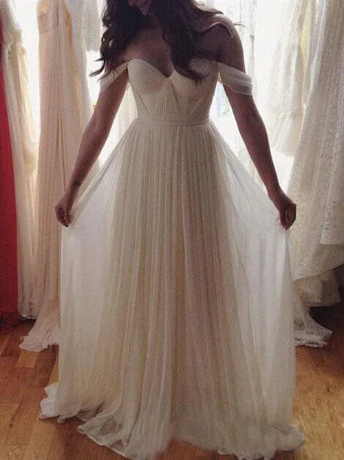 Ivory Chiffon A-line Off Shoulder Summer Beach Wedding Dresses, SW127