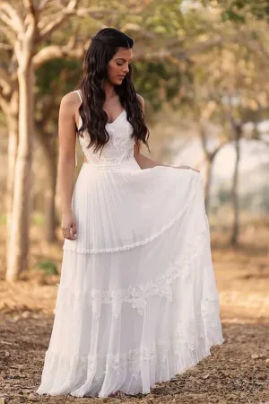 Ivory Chiffon A-line V-neck lace Beach Wedding Dresses, Bridal gown, MW679