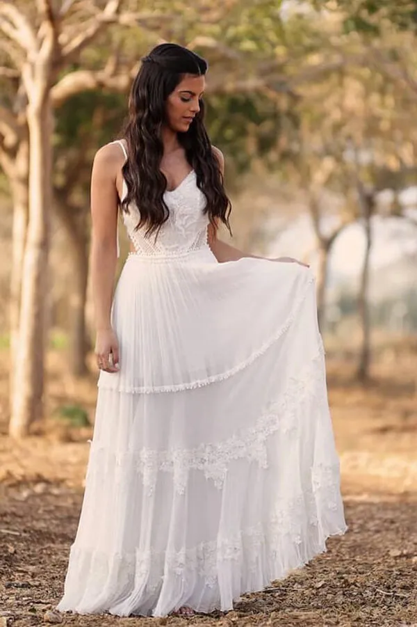Ivory Chiffon A-line V-neck lace Beach Wedding Dresses, Bridal gown, MW679
