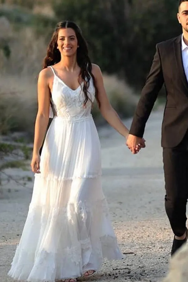 Ivory Chiffon A-line V-neck lace Beach Wedding Dresses, Bridal gown, MW679