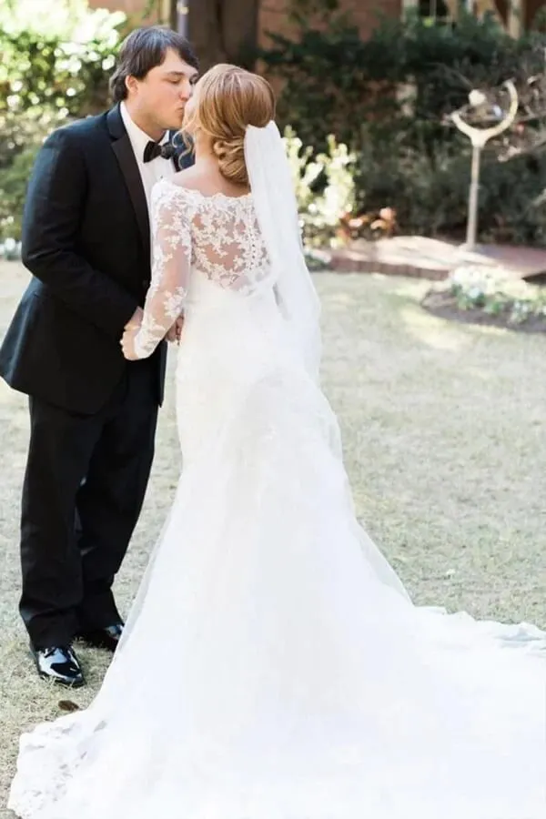 Ivory Lace Mermaid Off-the-Shoulder Long Sleeves Wedding Dresses, MW768
