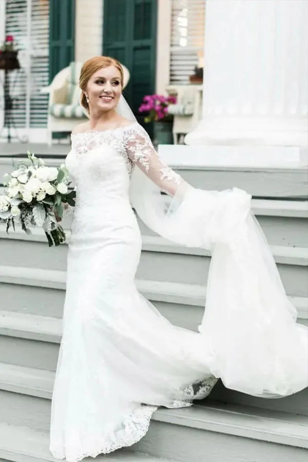Ivory Lace Mermaid Off-the-Shoulder Long Sleeves Wedding Dresses, MW768