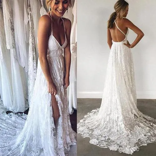 Ivory Lace Open Back Spaghetti Strap Side Split Beach Wedding Dresses, MW169