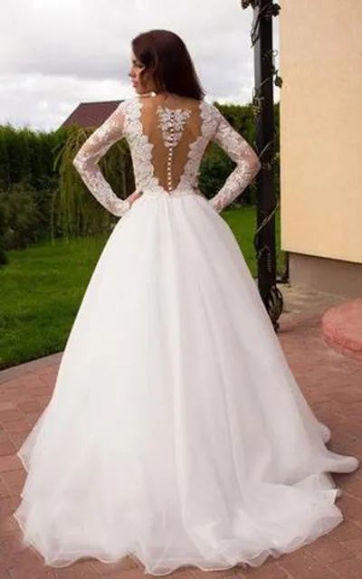 Ivory Long Sleeves Ball Gown Princess A-Line V-Neck Tulle Wedding Dresses, SW167