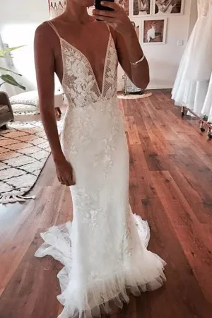 Ivory Mermaid Backless Deep V-neck Lace Wedding Dresses, Bridal Gown, MW828