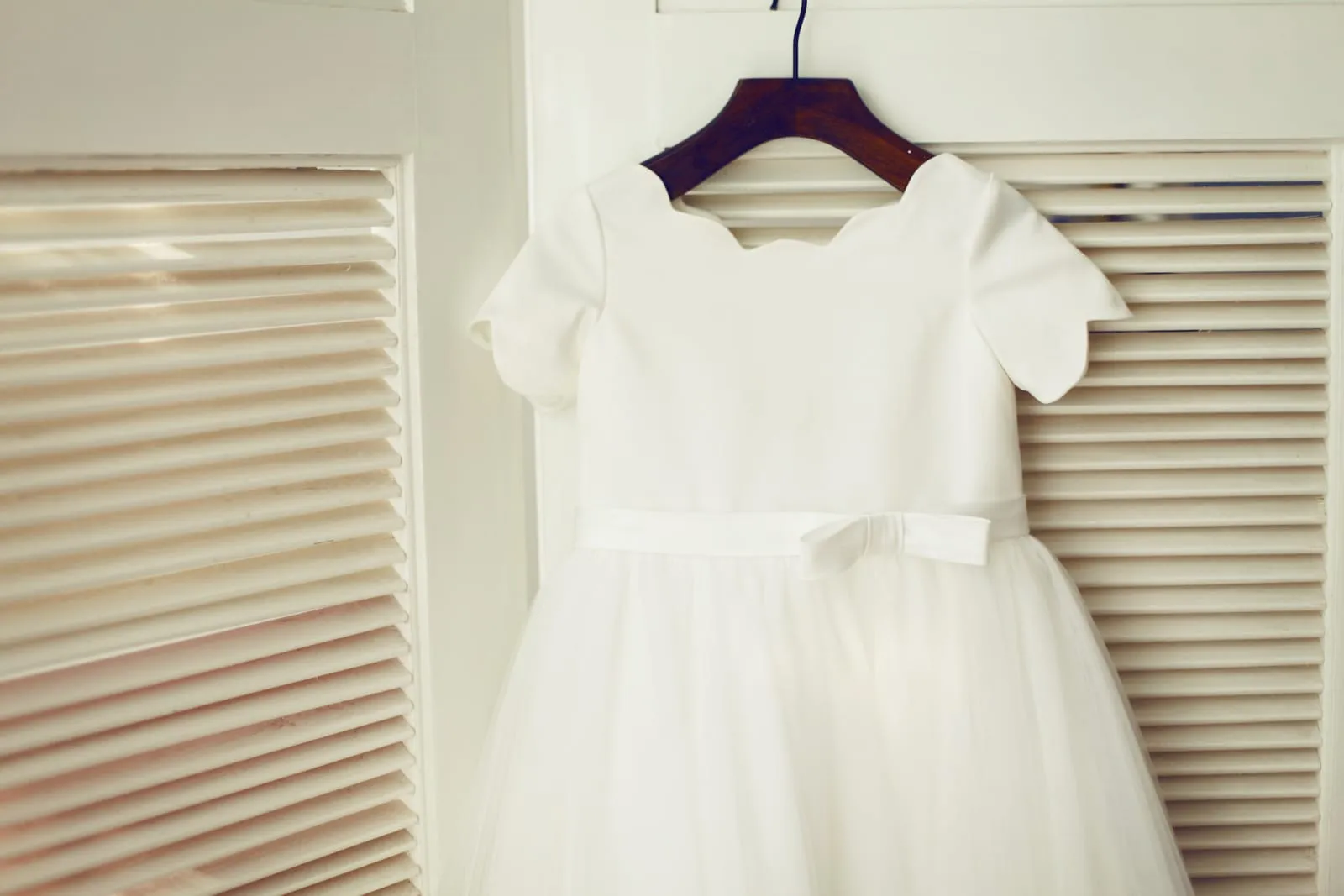Ivory Satin Lace Tulle Short Sleeves Wedding Flower Girl Dress