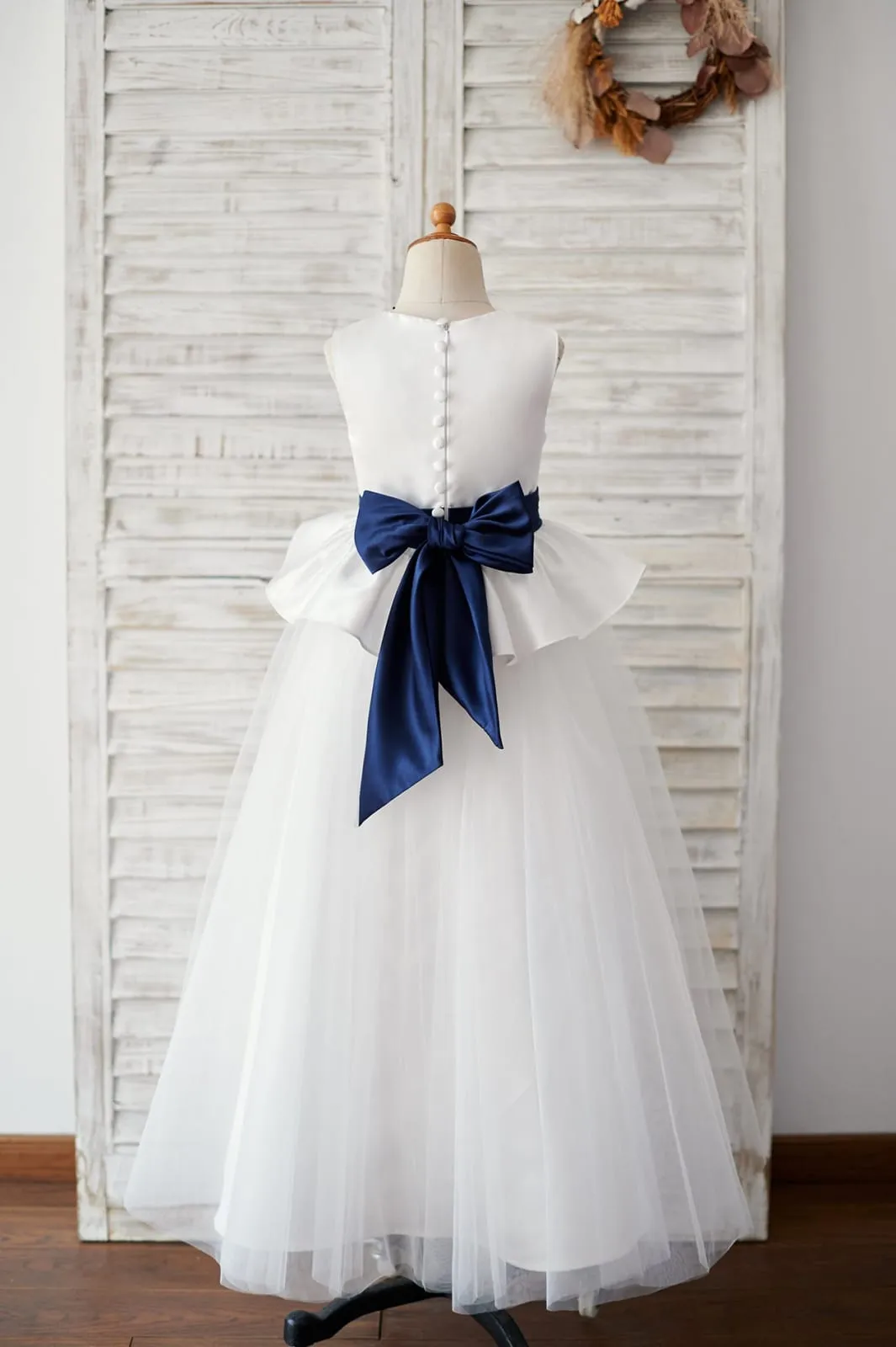 Ivory Satin Tulle Wedding Flower Girl Dress, Navy Blue Belt