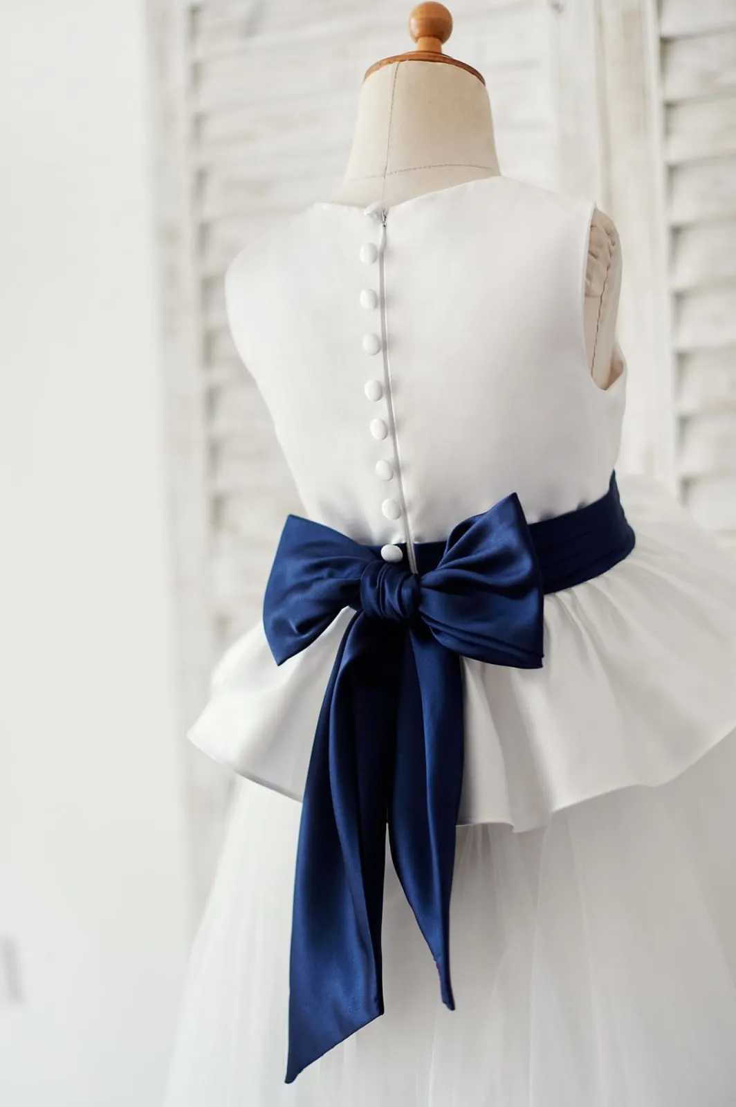 Ivory Satin Tulle Wedding Flower Girl Dress, Navy Blue Belt