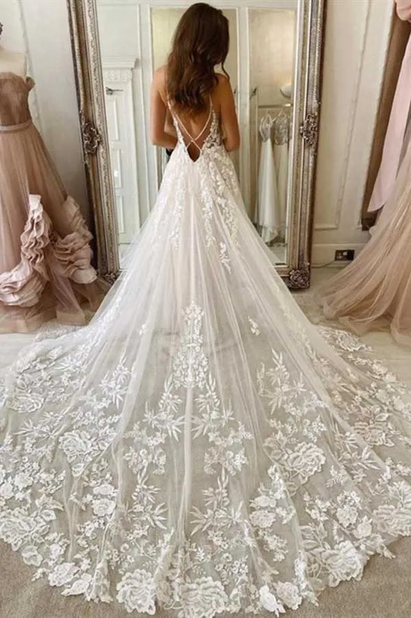 Ivory Tulle A-line V-neck Spaghetti Straps Lace Appliques Wedding Dresses, MW739