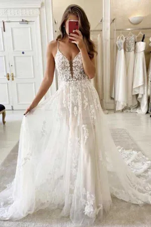 Ivory Tulle A-line V-neck Spaghetti Straps Lace Appliques Wedding Dresses, MW739