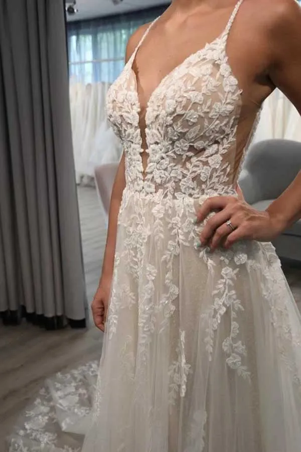 Ivory Tulle A-line V-neck Spaghetti Straps Lace Appliques Wedding Dresses, MW739