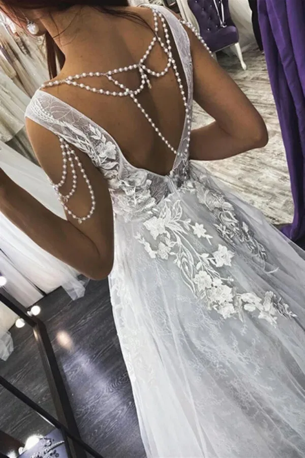 Ivory Tulle Lace Appliques A-line V-neck Beaded Wedding Dresses, MW850