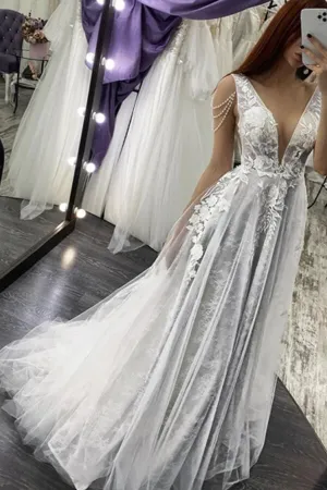 Ivory Tulle Lace Appliques A-line V-neck Beaded Wedding Dresses, MW850