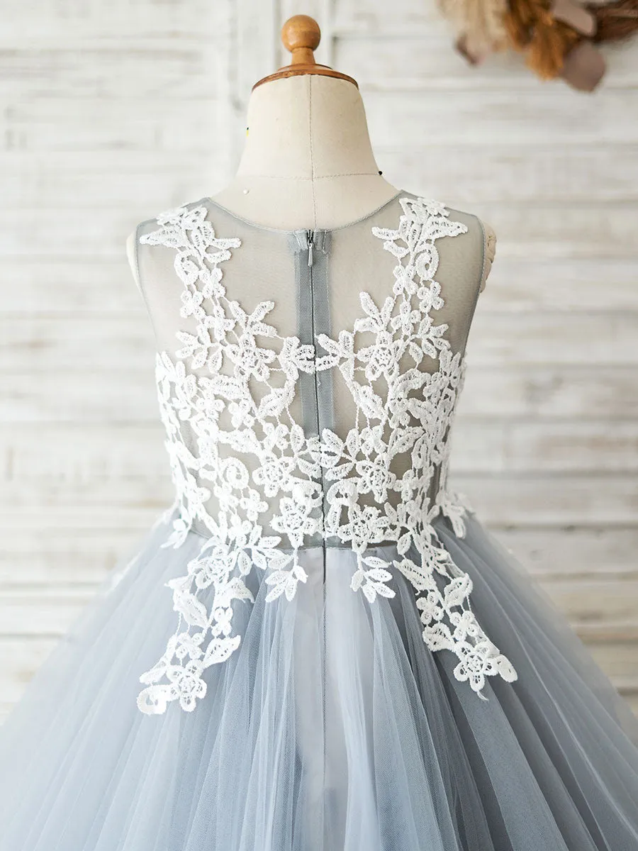 Jewel Neck Sleeveless Lace Bodice Formal Kids Pageant flower girl dresses
