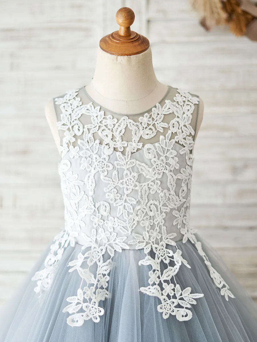 Jewel Neck Sleeveless Lace Bodice Formal Kids Pageant flower girl dresses