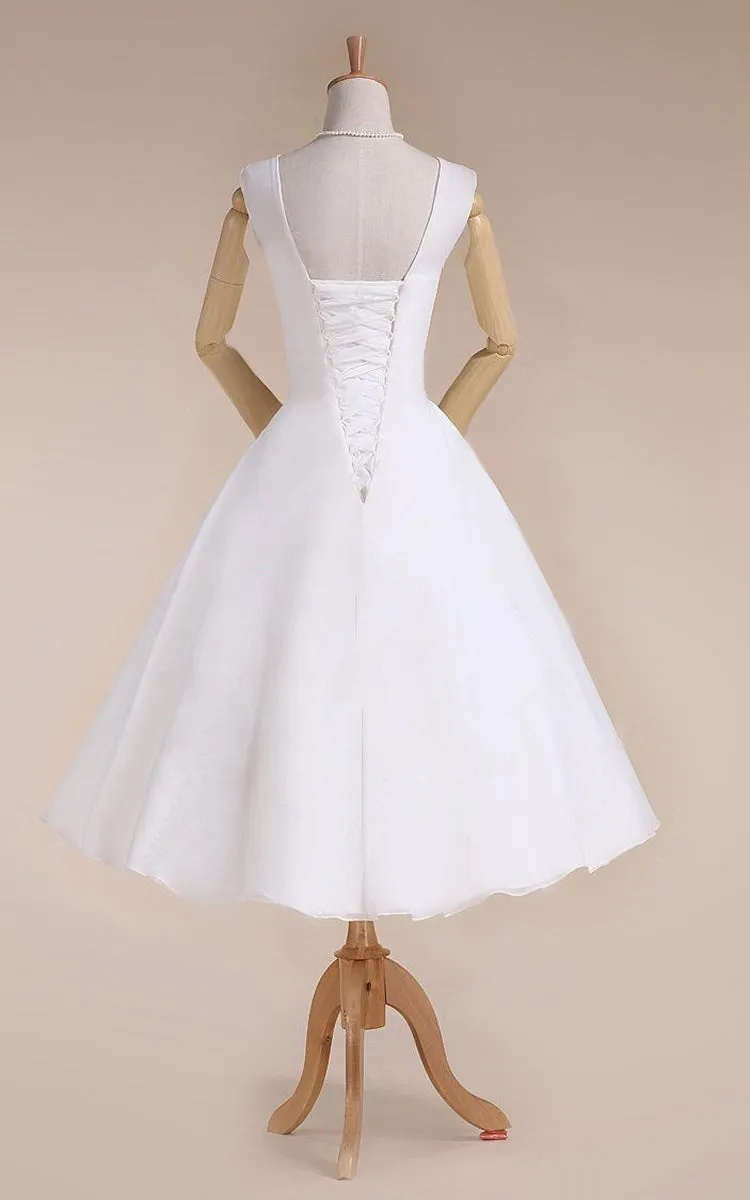 Jewel Sleeveless Lace-Up Back Tea-Length Chiffon Wedding Dress-711147