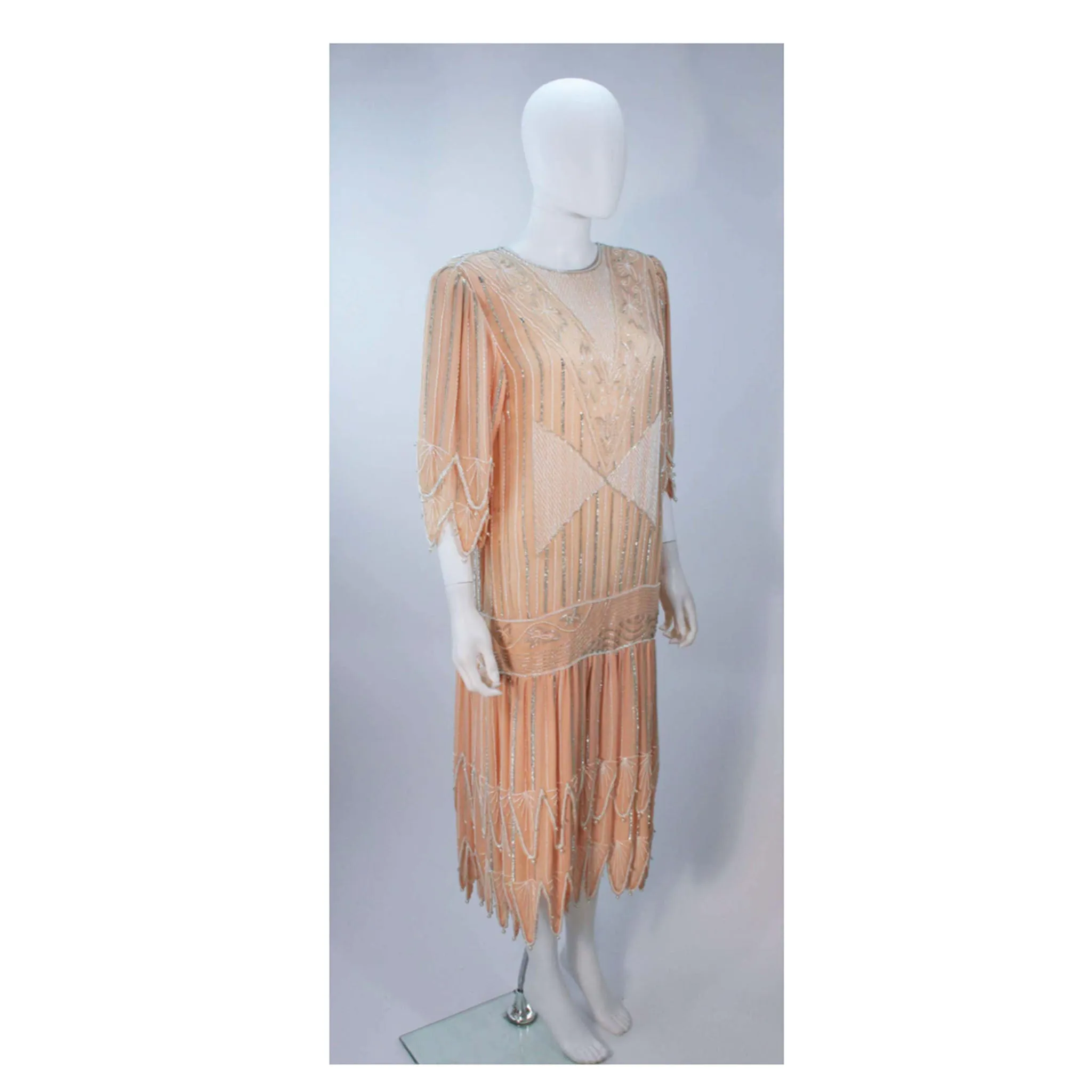 JUDITH ANN CREATIONS 1920s Style Silk Peach Beaded Flapper Dress