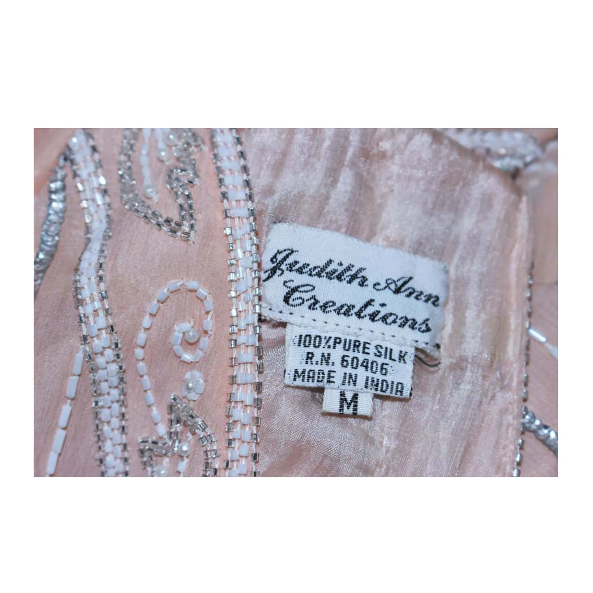 JUDITH ANN CREATIONS 1920s Style Silk Peach Beaded Flapper Dress