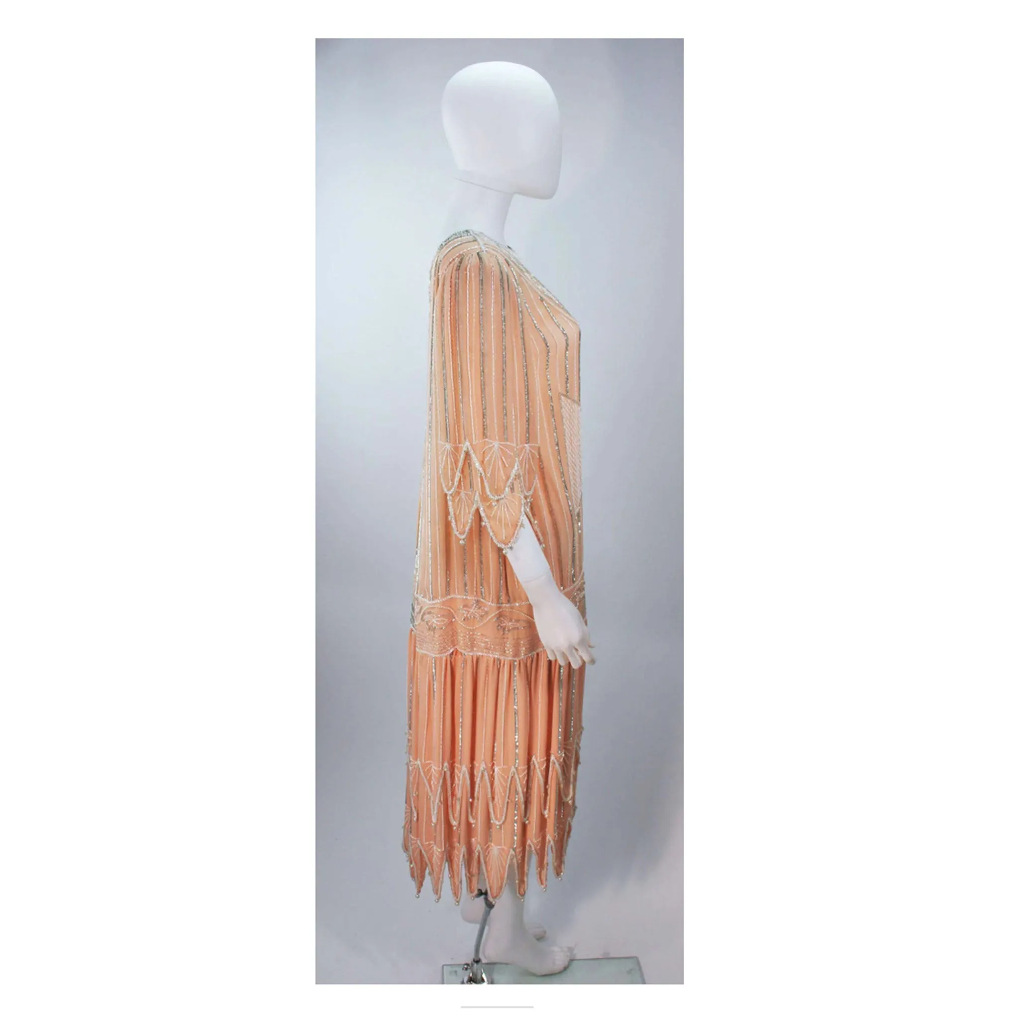 JUDITH ANN CREATIONS 1920s Style Silk Peach Beaded Flapper Dress