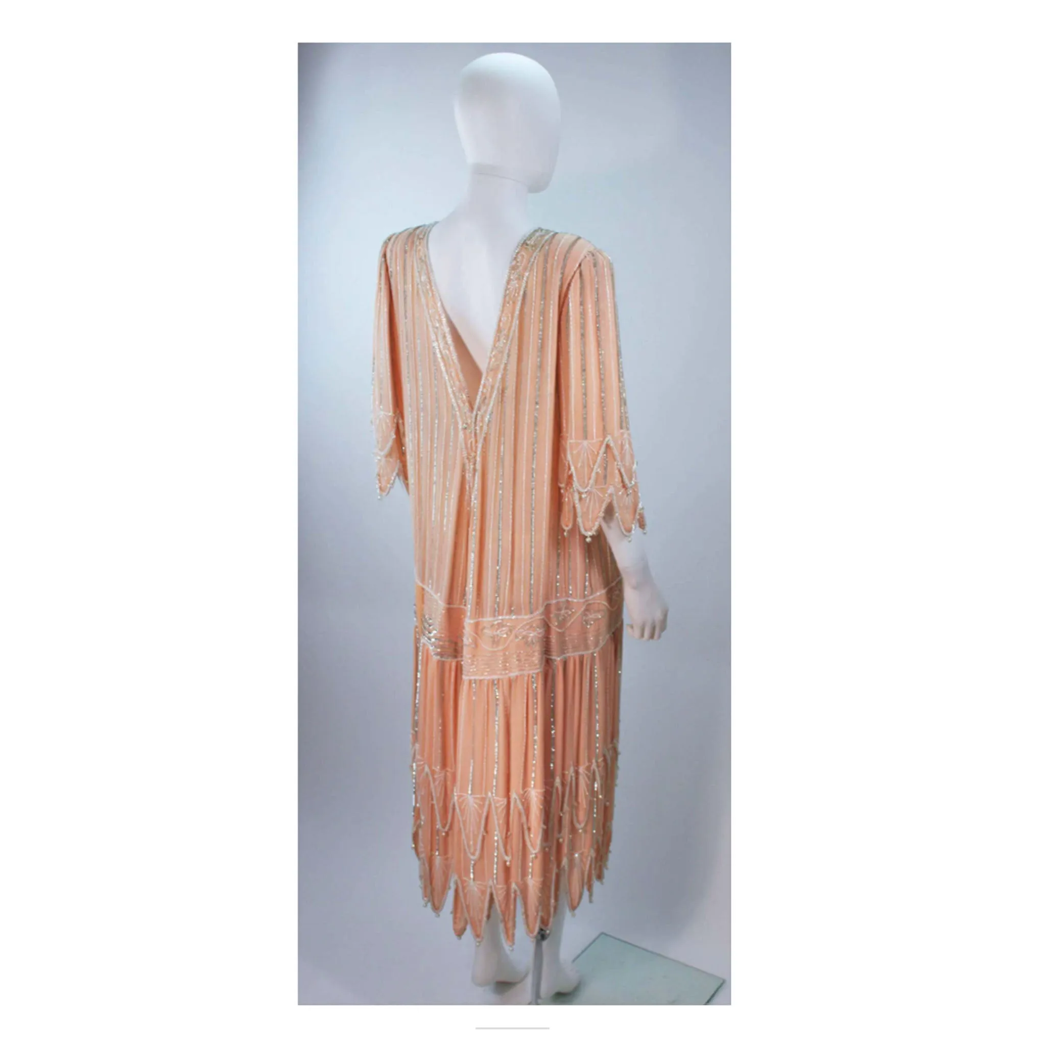 JUDITH ANN CREATIONS 1920s Style Silk Peach Beaded Flapper Dress