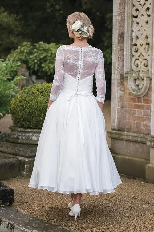 Lace 3/4 Sleeves Tea-Length Wedding Dresses with Chiffon Skirt