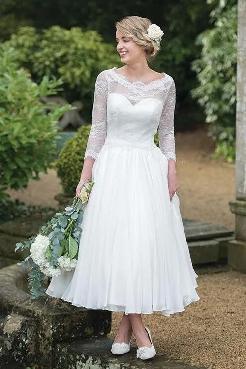 Lace 3/4 Sleeves Tea-Length Wedding Dresses with Chiffon Skirt
