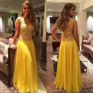 lace applique prom dresses 2020 sleeveless beaded chiffon a line yellow prom gown abendkleider 2021