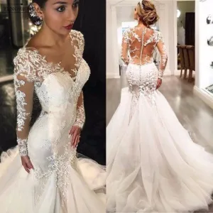 lace applique wedding dresses mermaid elegant modest beaded sexy bridal dresses robe de mariee